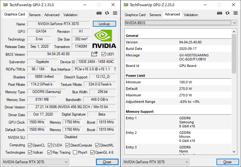 Gigabyte RTX 3070 Gaming OC 8G GPUZ; P-mode