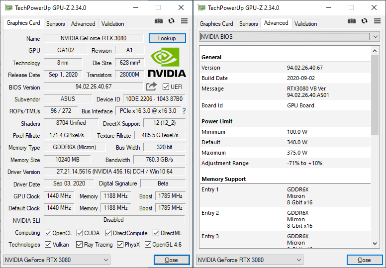 Asus TUF RTX 3080 O10G Gaming GPUZ; Q-mode