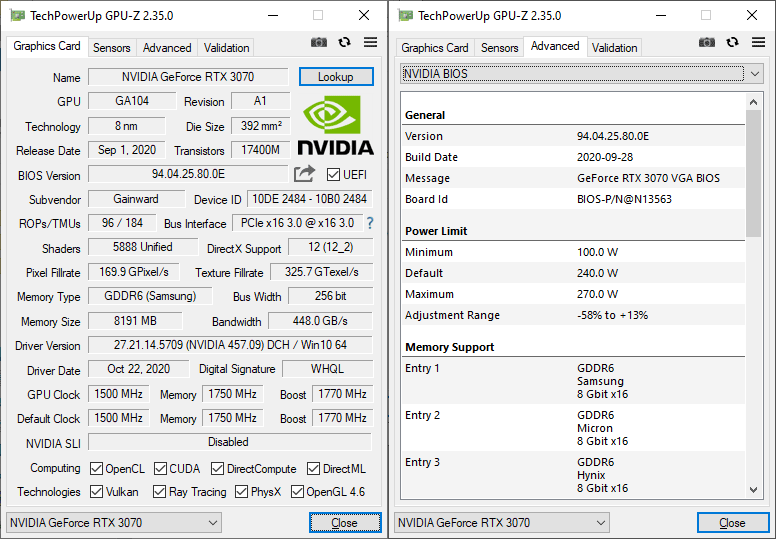 Gainward RTX 3070 Phoenix GS 8G GPUZ