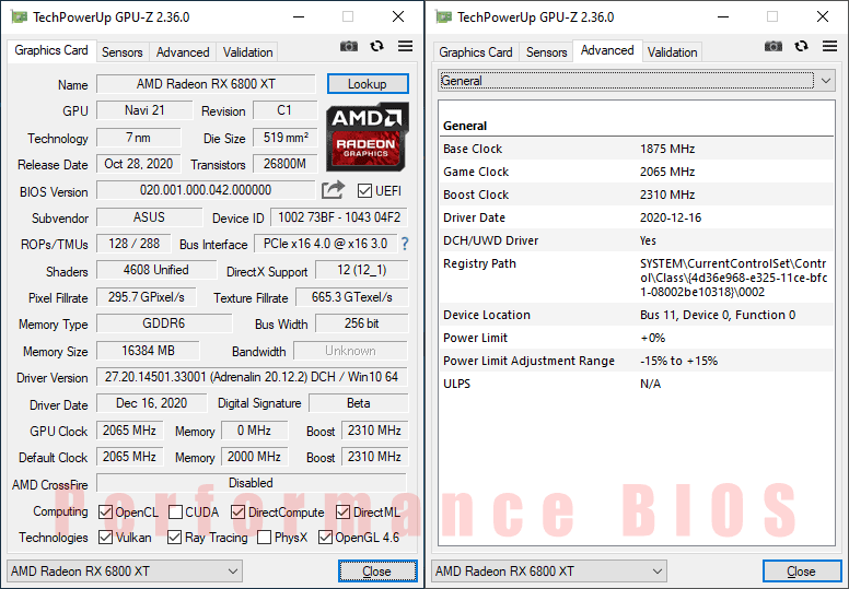 Asus TUF RX 6800 XT O16G Gaming GPUZ; Q-mode