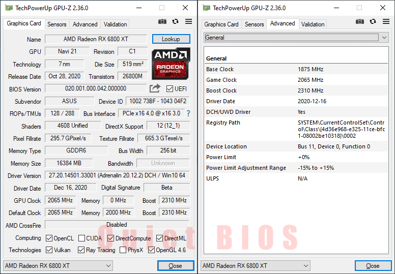 Asus TUF RX 6800 XT O16G Gaming GPUZ; P-mode