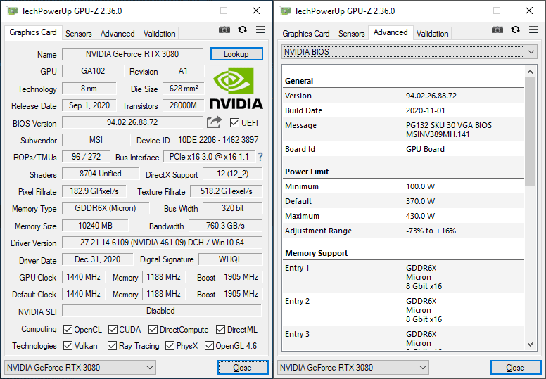 MSI RTX 3080 SUPRIM X 10G GPUZ; P-mode