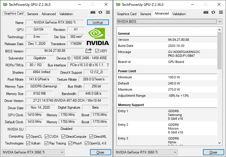 Gigabyte RTX 3060 Ti Gaming OC PRO 8G GPUZ; Q-mode