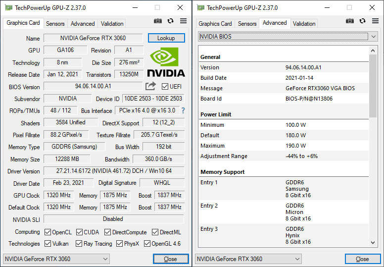 Gainward RTX 3060 Ghost OC 12G GPUZ