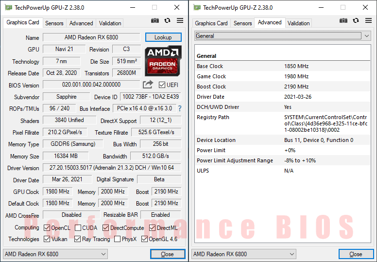 Sapphire NITRO+ RX 6800 16G GPUZ; Q-mode