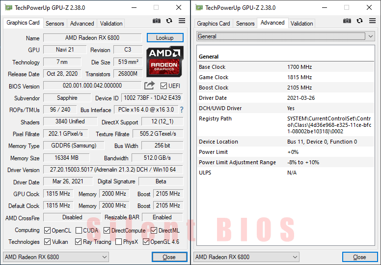 Sapphire NITRO+ RX 6800 16G GPUZ; P-mode