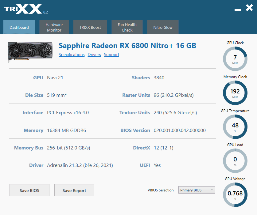 Sapphire NITRO+ RX 6800 16G; TriXX - Dashboard