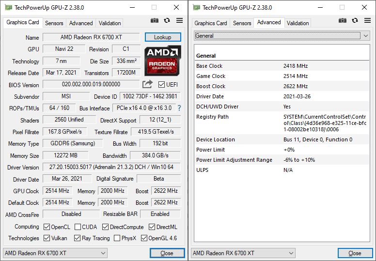 MSI RX 6700 XT Gaming X 12G GPUZ