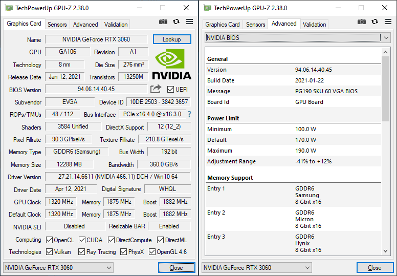 EVGA RTX 3060 XC Gaming 12G GPUZ