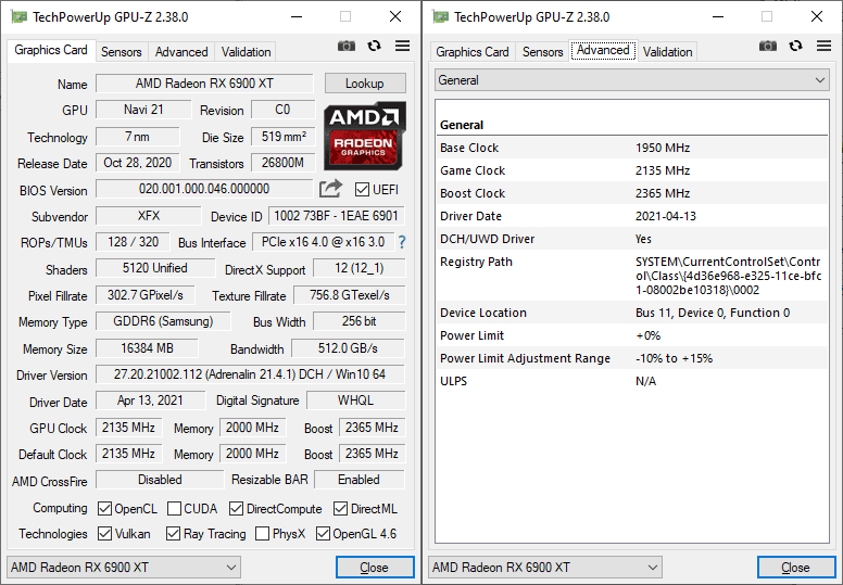 XFX RX 6900 XT Speedster MERC 319 Black GPUZ