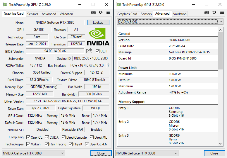 Gainward RTX 3060 Pegasus 12G GPUZ
