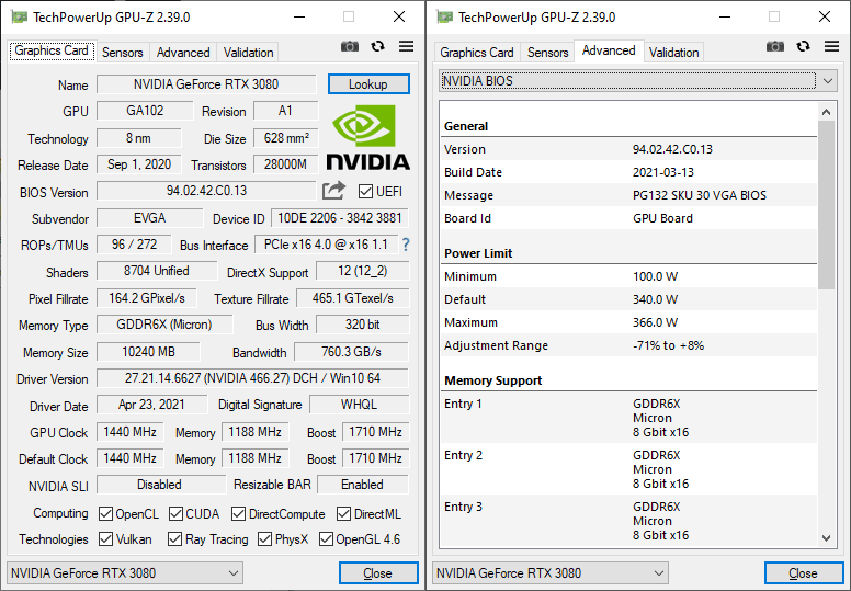 EVGA RTX 3080 XC3 BLACK Gaming 10G GPUZ