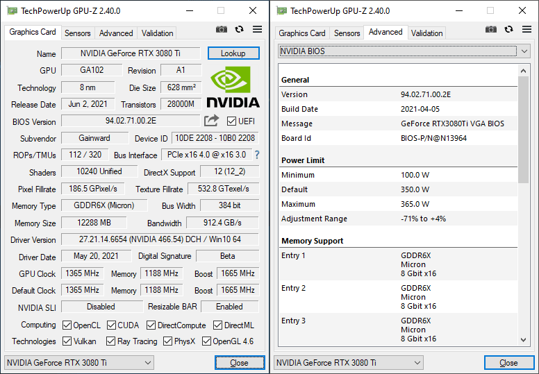 Gainward RTX 3080 Ti Phoenix 12G GPUZ