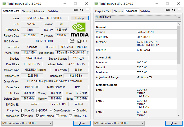 Gigabyte RTX 3080 Ti VISION OC 12G GPUZ
