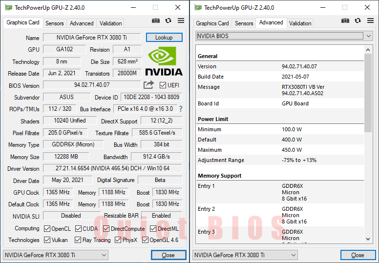Asus STRIX LC RTX 3080 Ti O12G Gaming GPUZ; P-mode