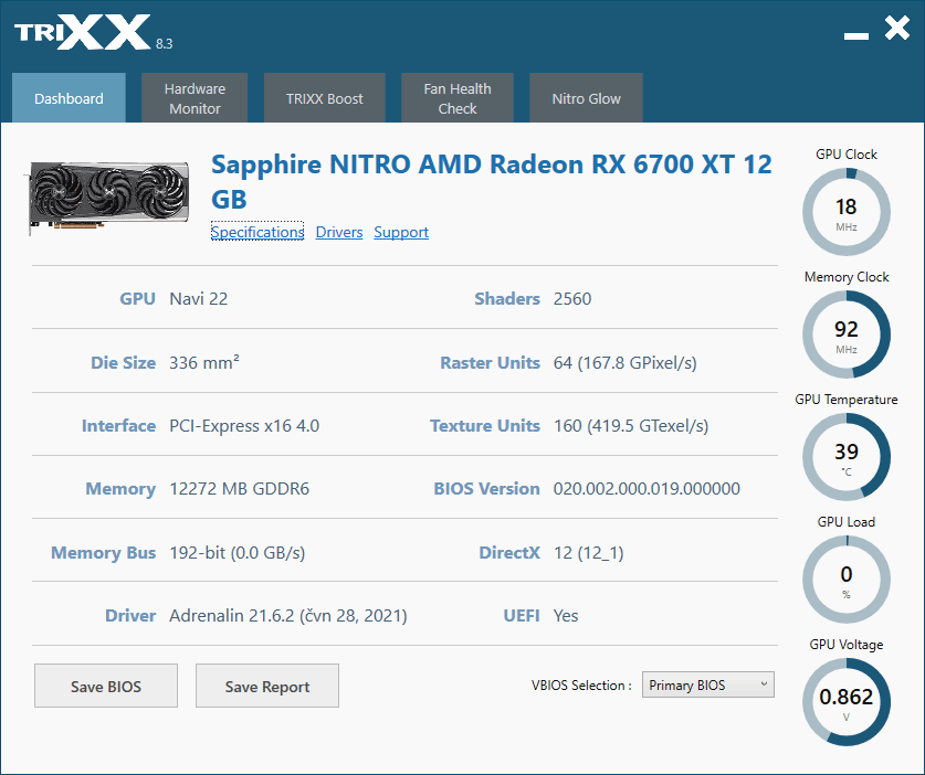 Sapphire NITRO+ RX 6700 XT 12G; TriXX – Dashboard