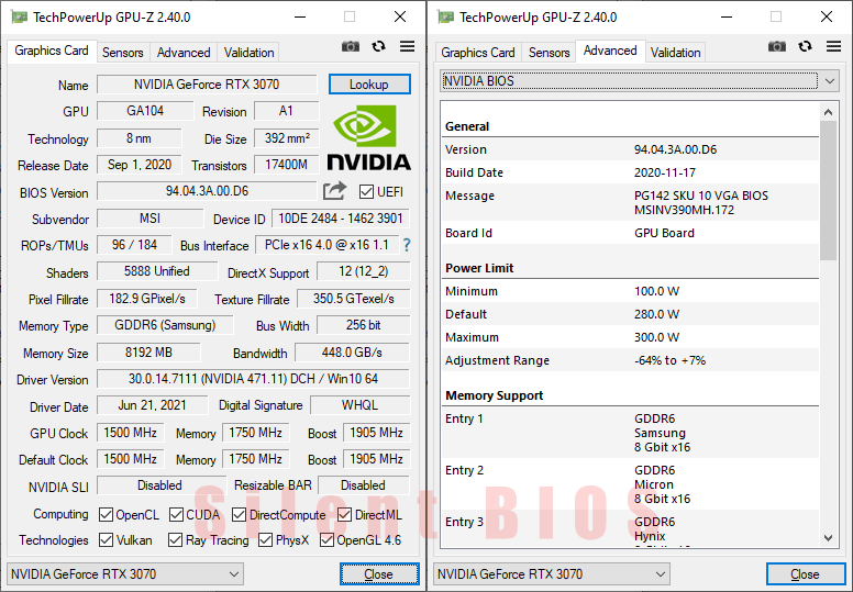 MSI RTX 3070 SUPRIM X 8G GPUZ; Q-mode
