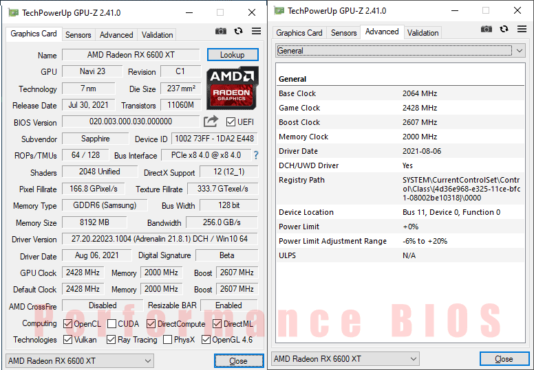 Sapphire NITRO+ RX 6600 XT 8G GPUZ; Performance BIOS