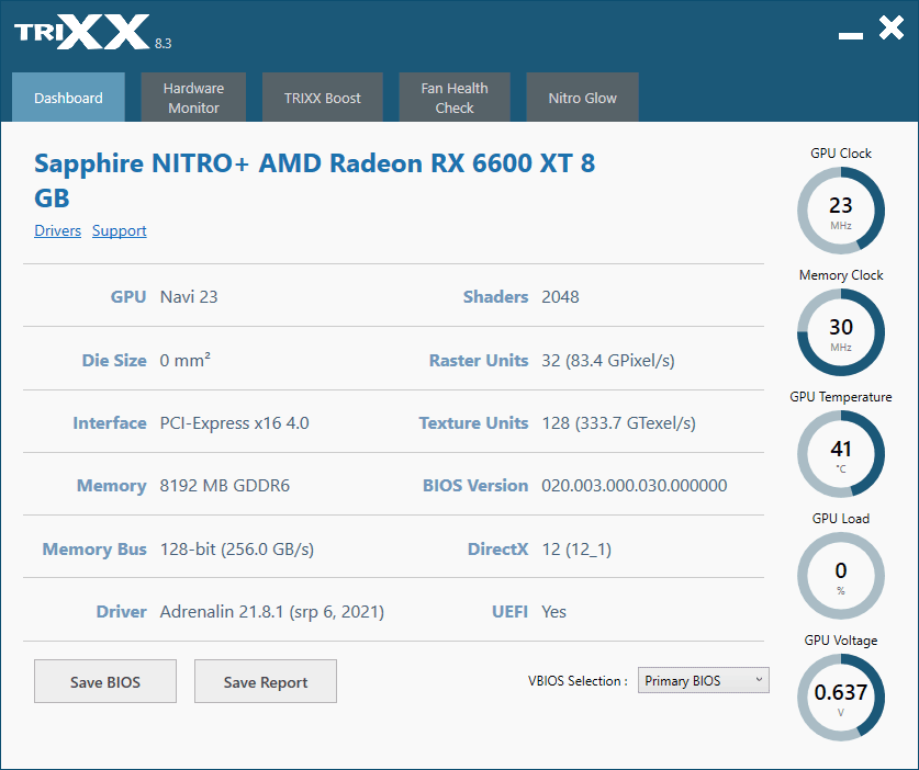 Sapphire NITRO+ RX 6600 XT 8G; TriXX – Dashboard