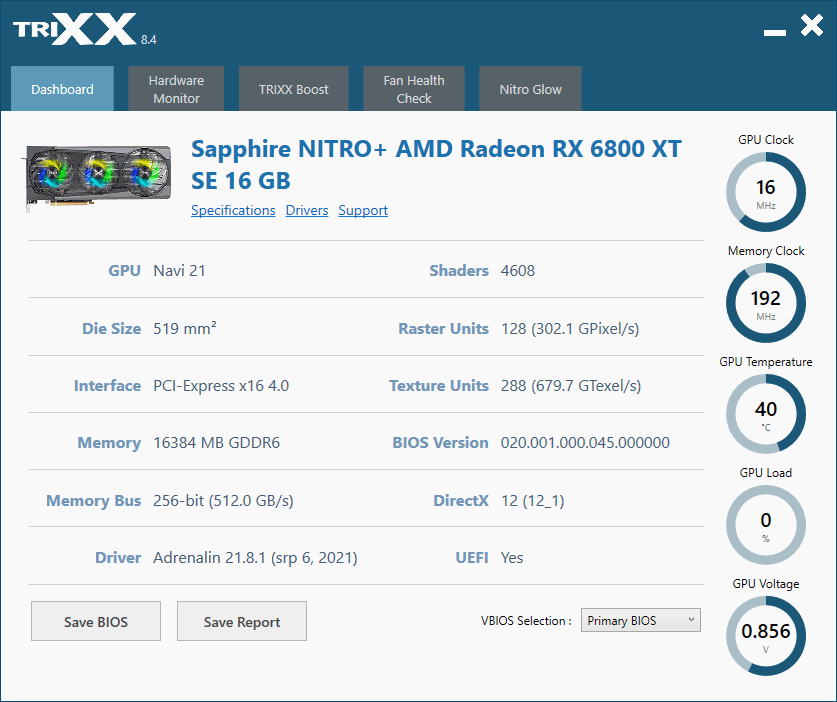 Sapphire NITRO+ RX 6800 XT SE 16G; TriXX – Dashboard