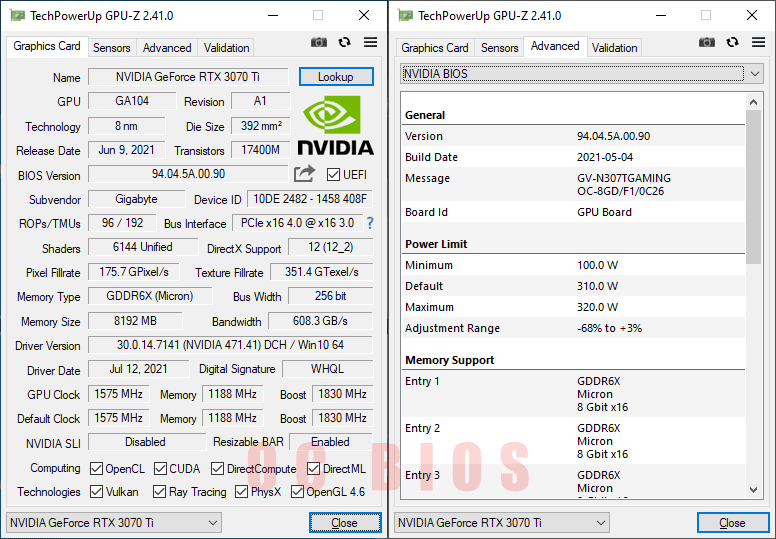Gigabyte RTX 3070 Ti GAMING OC 8G GPUZ; Q-mode