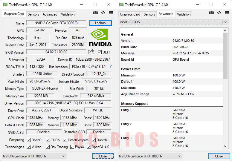EVGA RTX 3080 Ti FTW3 ULTRA Gaming 12G GPUZ; P-mode