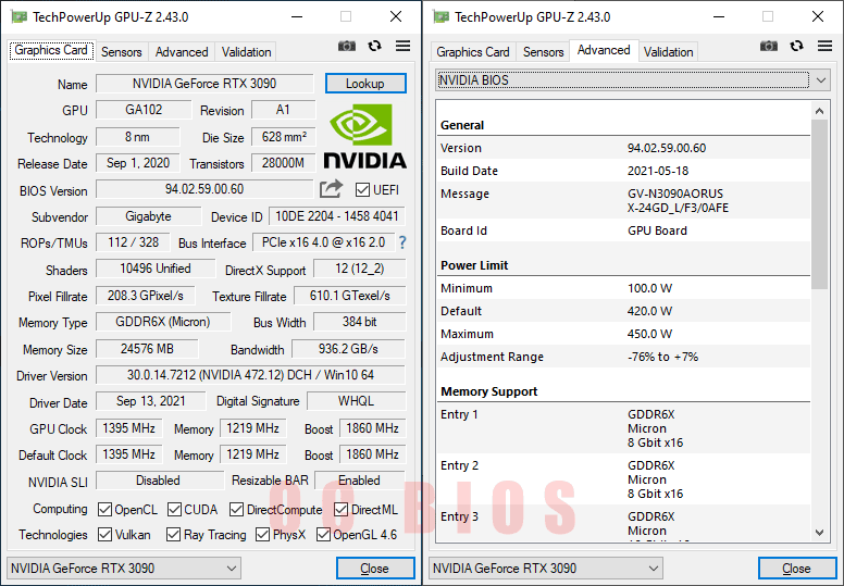Gigabyte AORUS RTX 3090 XTREME 24G GPUZ; Q-mode
