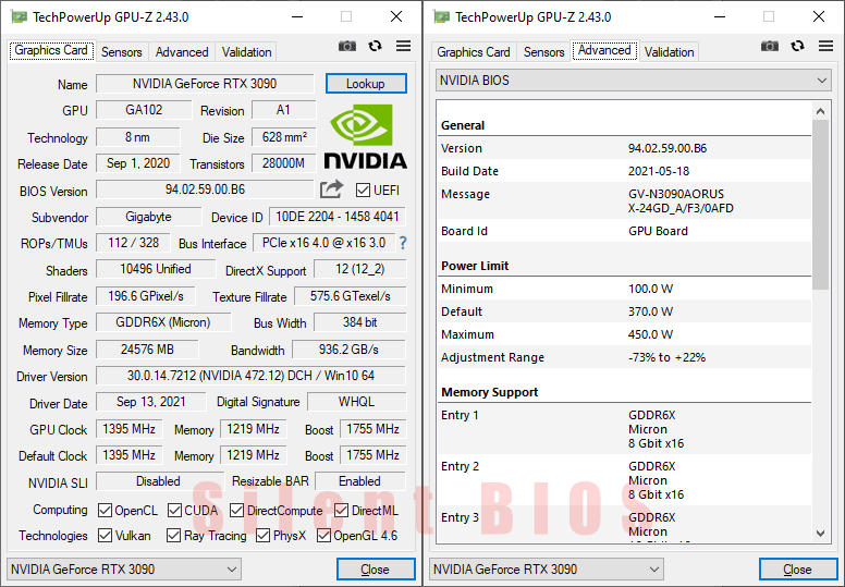 Gigabyte AORUS RTX 3090 XTREME 24G GPUZ; P-mode