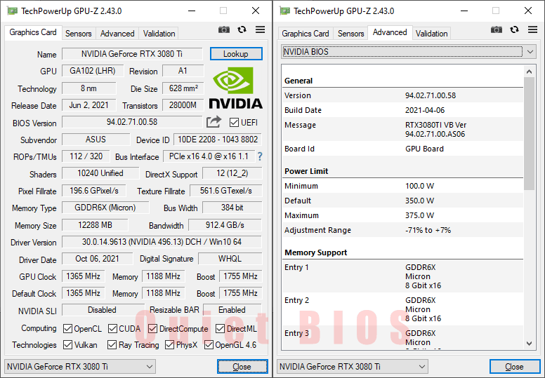 Asus TUF RTX 3080 Ti O12G Gaming GPUZ; P-mode