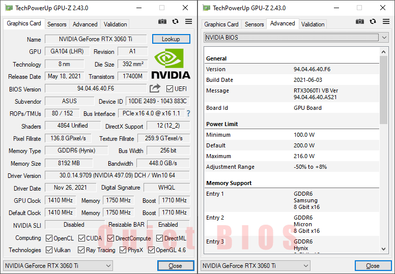 Asus DUAL RTX 3060 Ti O8G V2 GPUZ; Q-mode