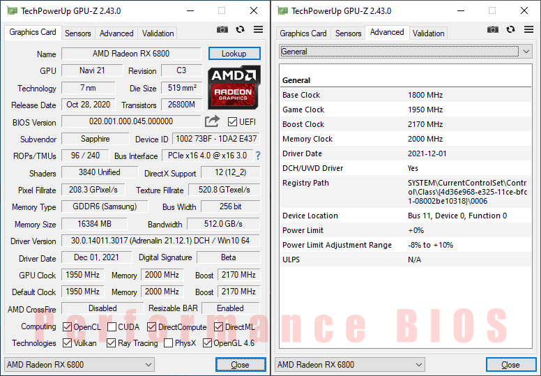 Sapphire PULSE RX 6800 16G GPUZ; Performance BIOS