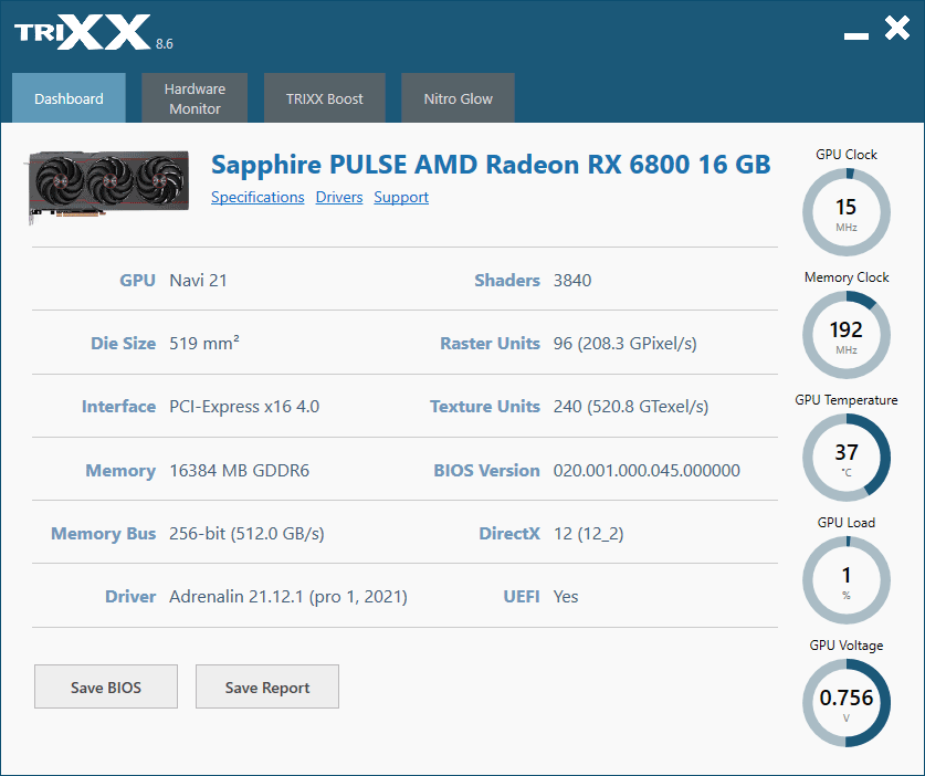 Sapphire PULSE RX 6800 16G; TriXX – Dashboard