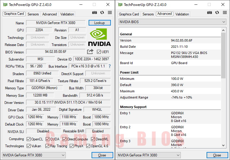 MSI RTX 3080 SUPRIM X 12G GPUZ; P-mode