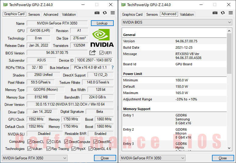 Asus STRIX RTX 3050 O8G Gaming GPUZ; Q-mode