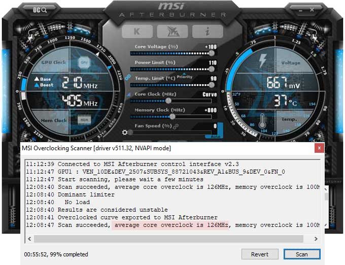 Pretaktovanie Asus STRIX RTX 3050 O8G Gaming; Afterburner