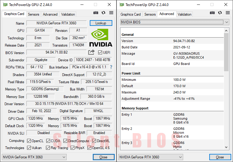 Gigabyte AORUS RTX 3060 ELITE 12G GPUZ; P-mode