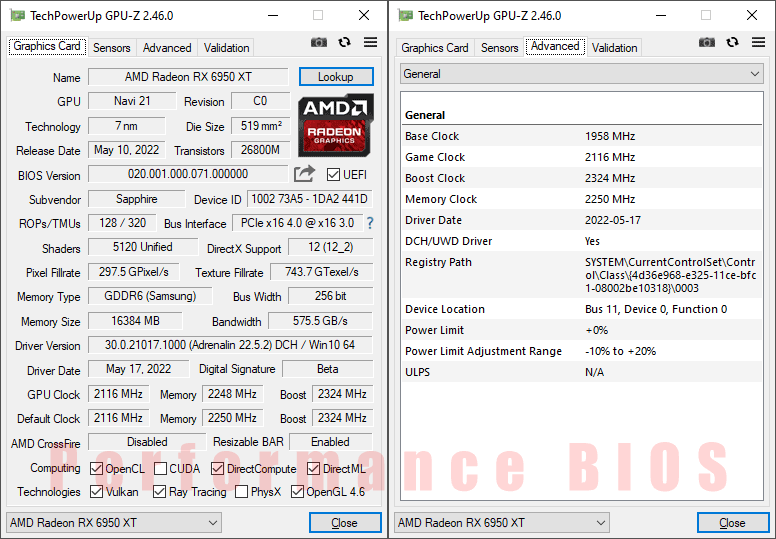 Sapphire NITRO+ RX 6950 XT 16G GPUZ; Q-mode