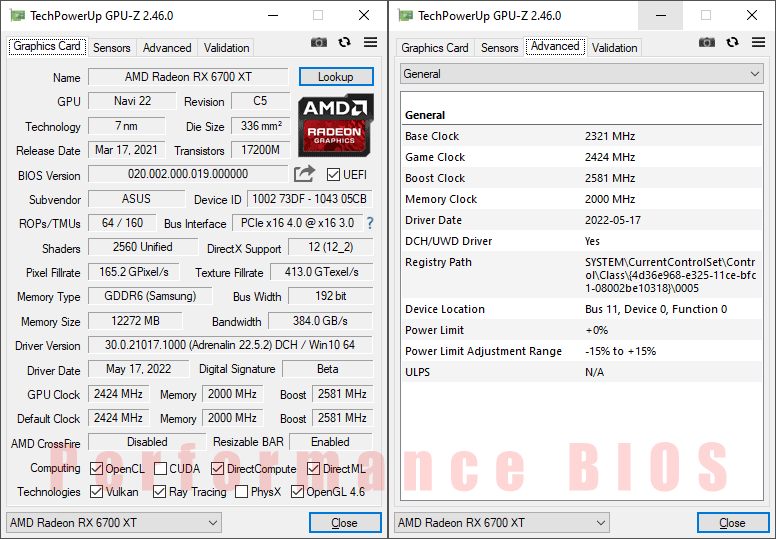 Asus DUAL RX 6700 XT 12G GPUZ; Q-mode