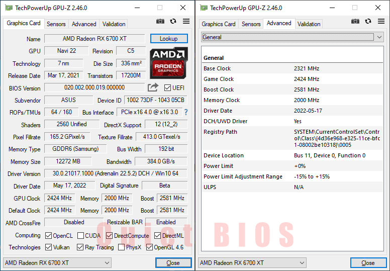 Asus DUAL RX 6700 XT 12G GPUZ; P-mode