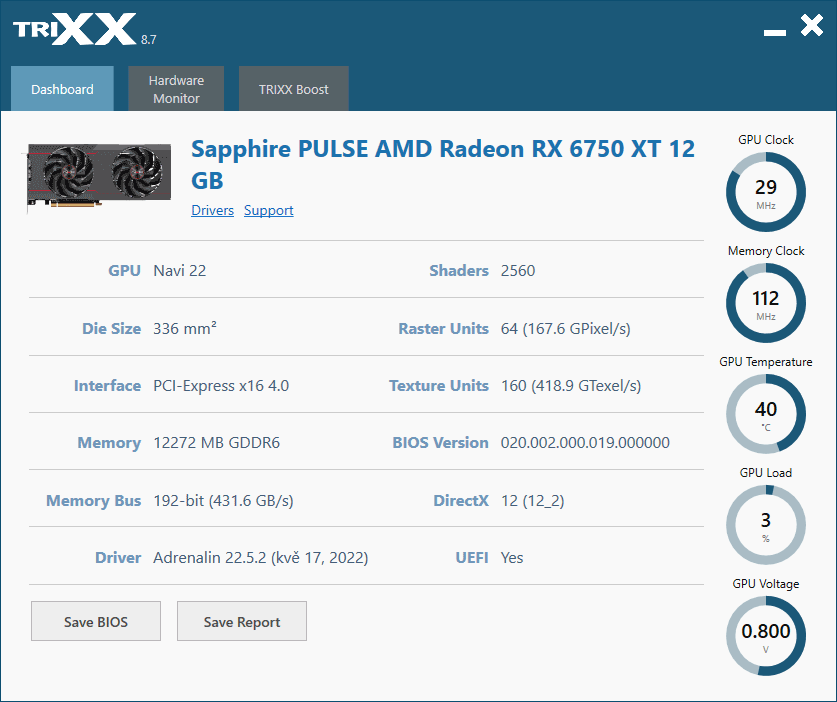 Sapphire PULSE RX 6750 XT 12G; TriXX – Dashboard