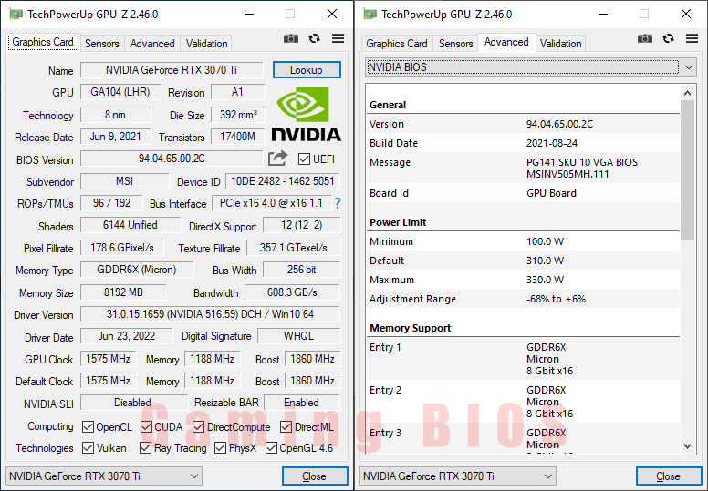 MSI RTX 3070 Ti SUPRIM X 8G GPUZ; P-mode
