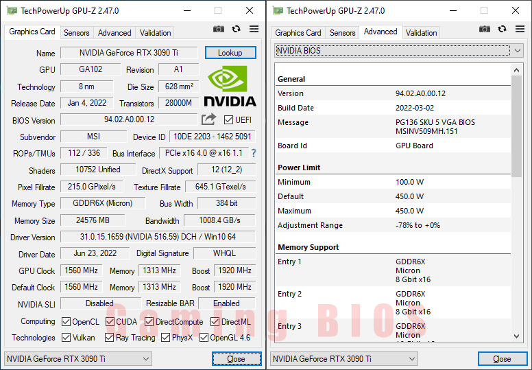 MSI RTX 3090 Ti GAMING X TRIO 24G GPUZ; P-mode