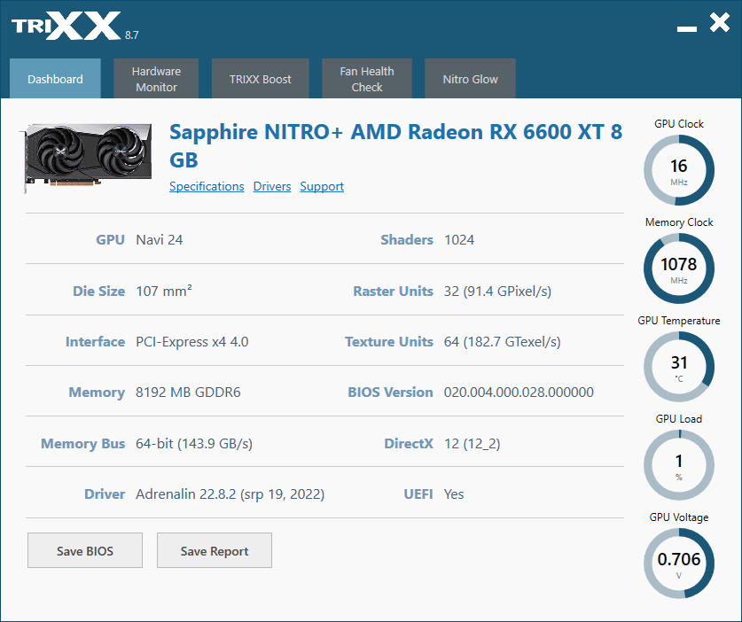 Sapphire PULSE RX 6500 XT 8G; TriXX – Dashboard
