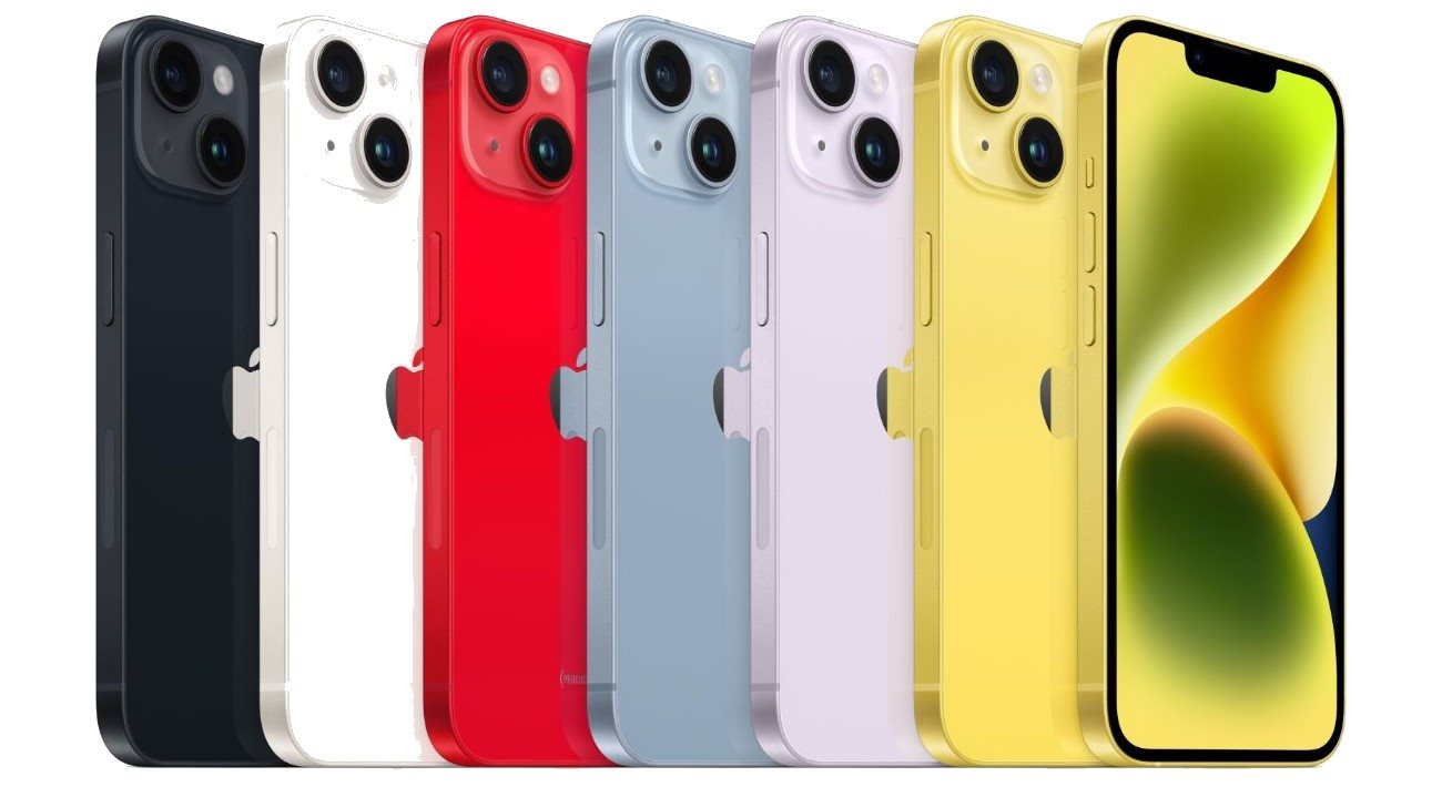 Žltý iPhone 14, kompletný farebný rad