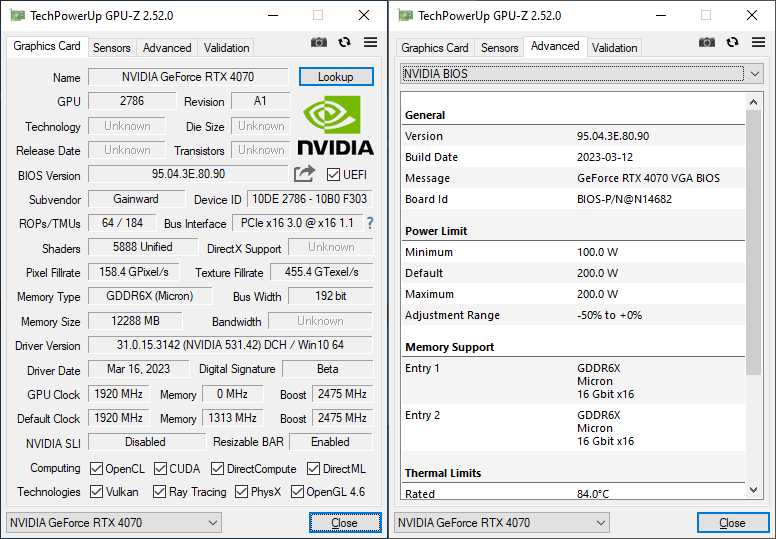 Gainward RTX 4070 GHOST 12G GPUZ; Q-mode