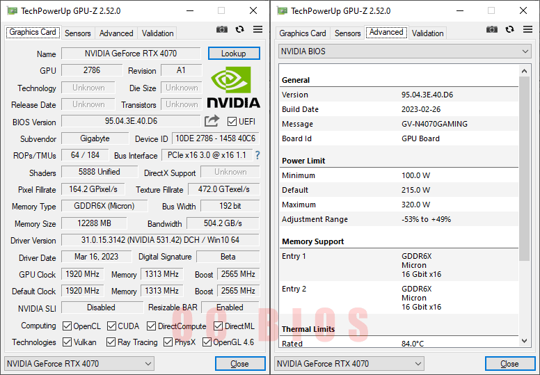 Gigabyte RTX 4070 GAMING OC 12G GPUZ; Q-mode