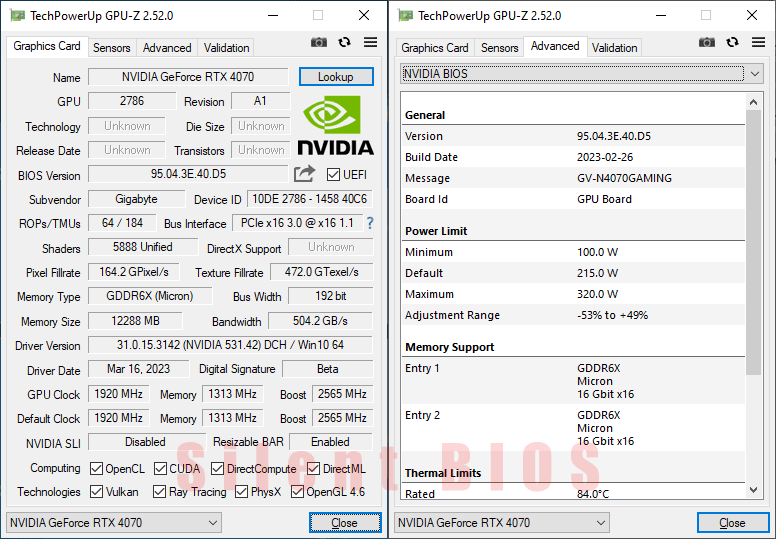 Gigabyte RTX 4070 GAMING OC 12G GPUZ; P-mode