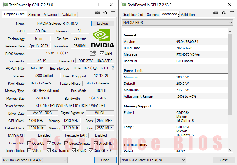 Asus TUF RTX 4070 O12G Gaming GPUZ; P-mode