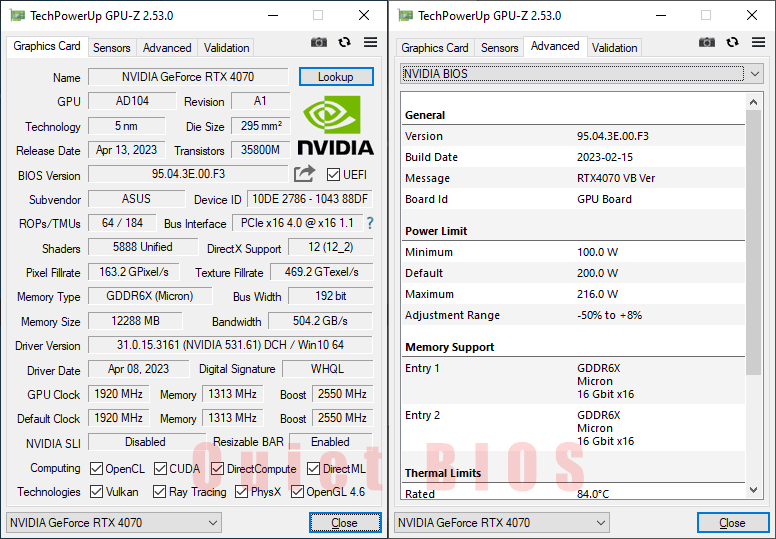 Asus TUF RTX 4070 O12G Gaming GPUZ; Q-mode
