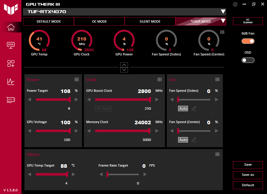 Pretaktovanie Asus TUF RTX 4070 O12G Gaming; GPU Tweak III